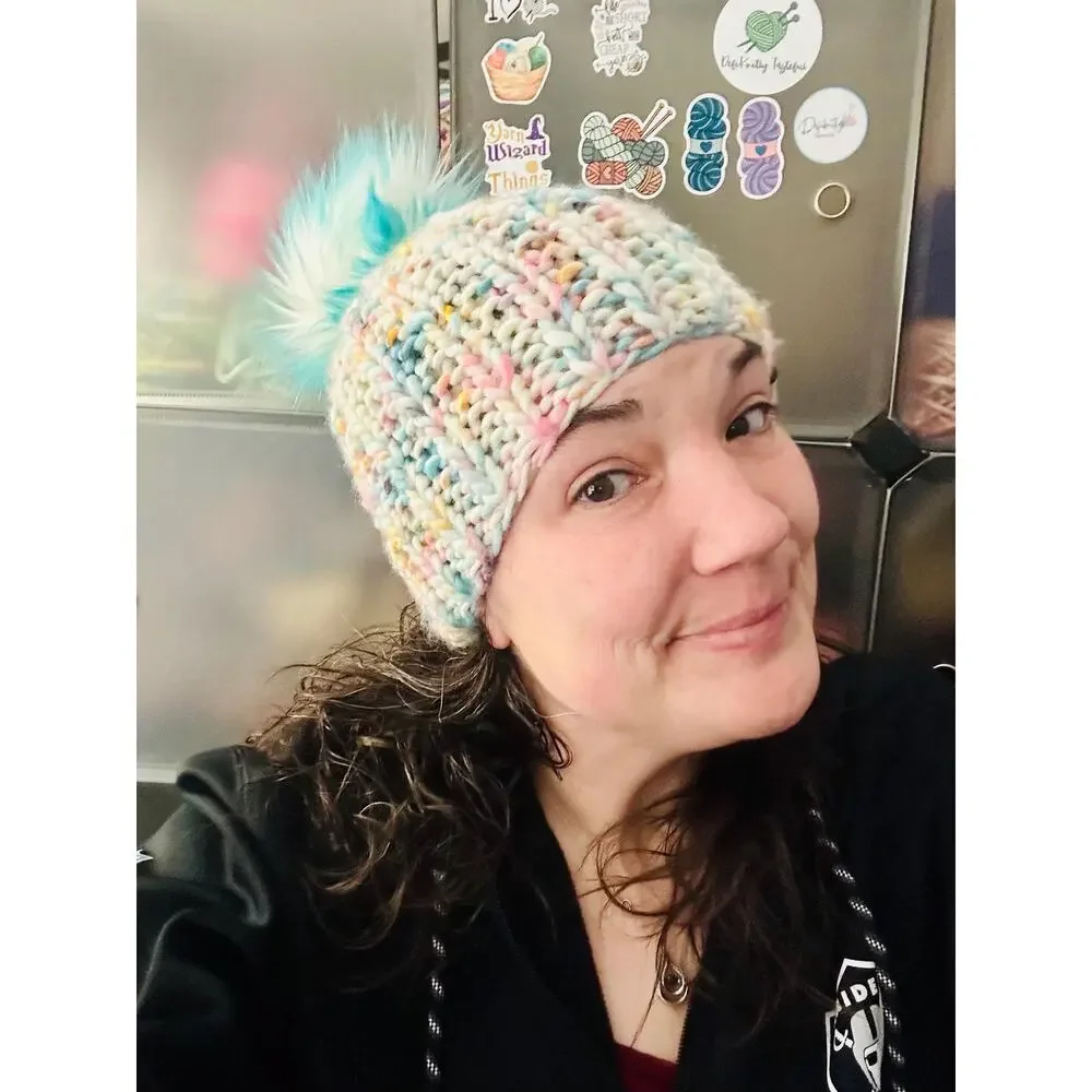 Hand Knit Merino Wool Beanie: DefiKnitly Tasteful Knit Hat with Faux Fur Pom